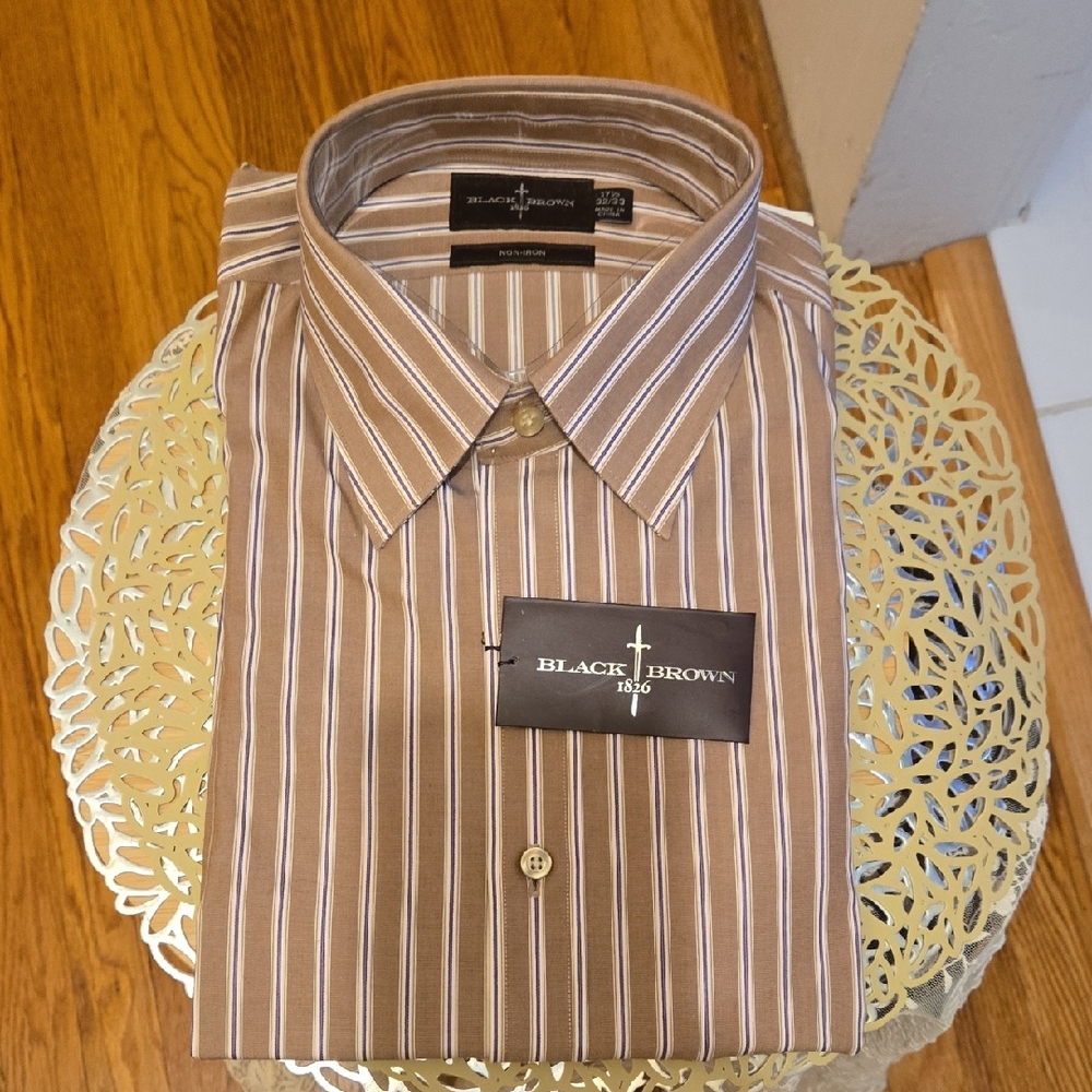 NWT Black Brown 1826 Men's Tan and White Striped Dress Shirt 🎁